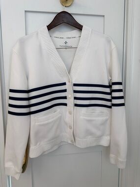 Tuckernuck Cream Cardigan with Navy Stripe Detail - M
